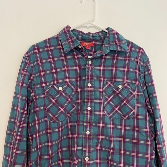ARIZONA JEAN CO Mens Teal Blue Etc Plaid Lightweight Flannel Button Down Shirt M - Picture 2 of 12